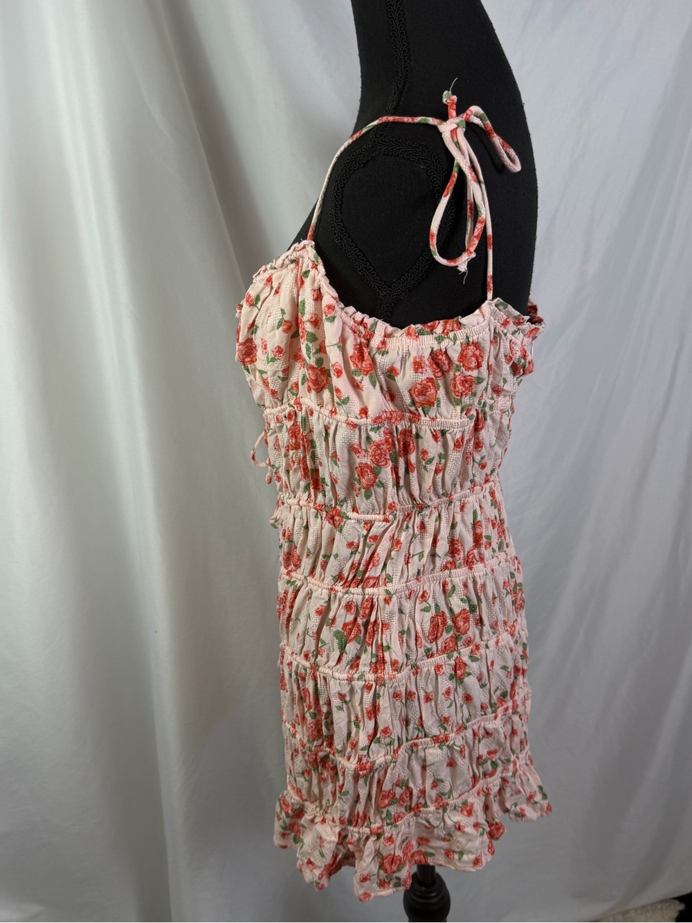 Floral Ruched Tie Strap Mini Dress Pink Rose Cottagecore Coquette Babydoll L - Picture 5 of 8